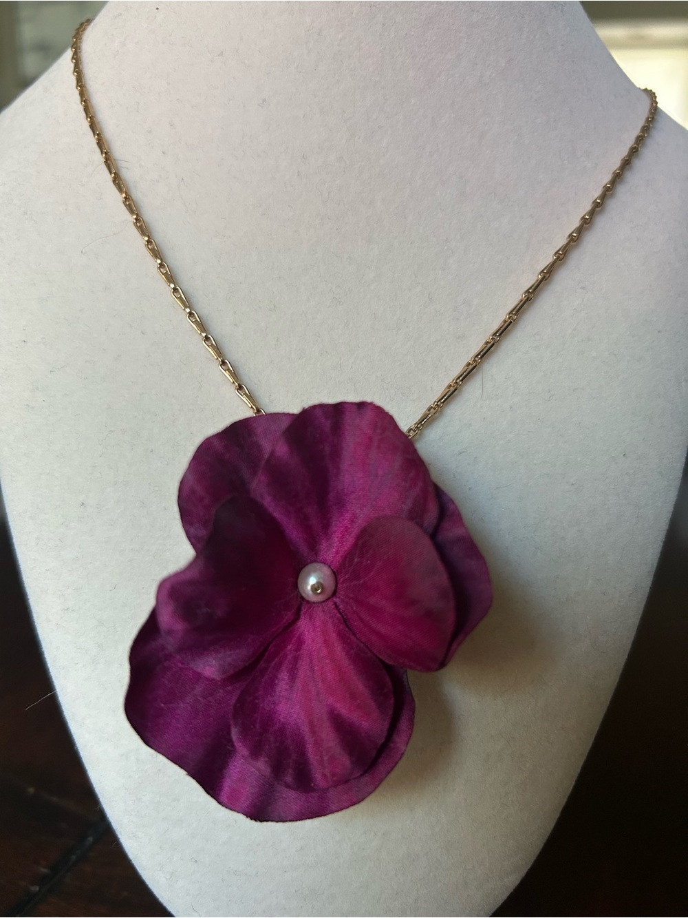 Anton Heunis Gold Chain Necklace wi Deep Magenta Silk Flower Pendant